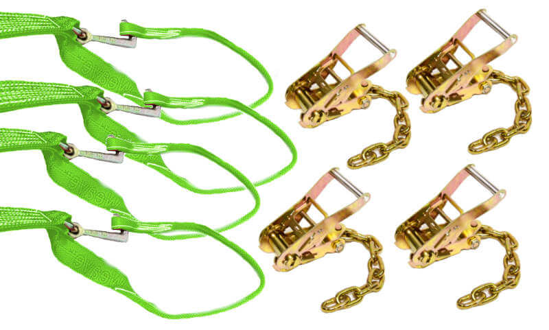 Tie-Down Loop Straps w/Mini J Hook & Chain Ratchets GREEN 4-Pack