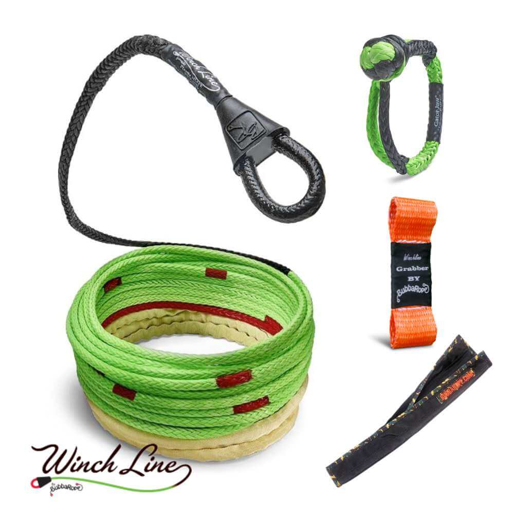 Winch line comes with a soft shackle, grabber, and chafe guard.  made in the USA by Bubba Rope.  Sold at baremotion with Free US Continental Shipping