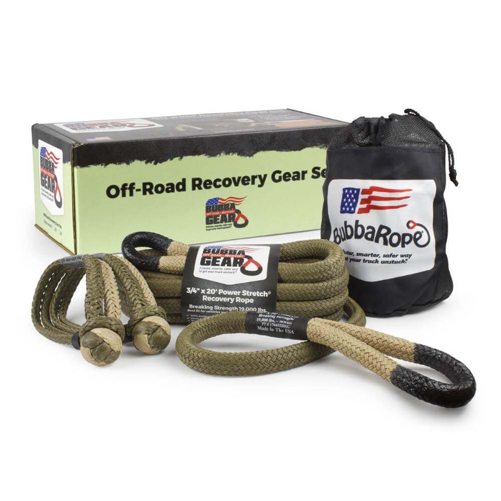 Bubba Rope Jeep Off-Road Recovery Gear Set  3/4" Tan.  Comes with Kinetic rope, soft shackles, and a bag