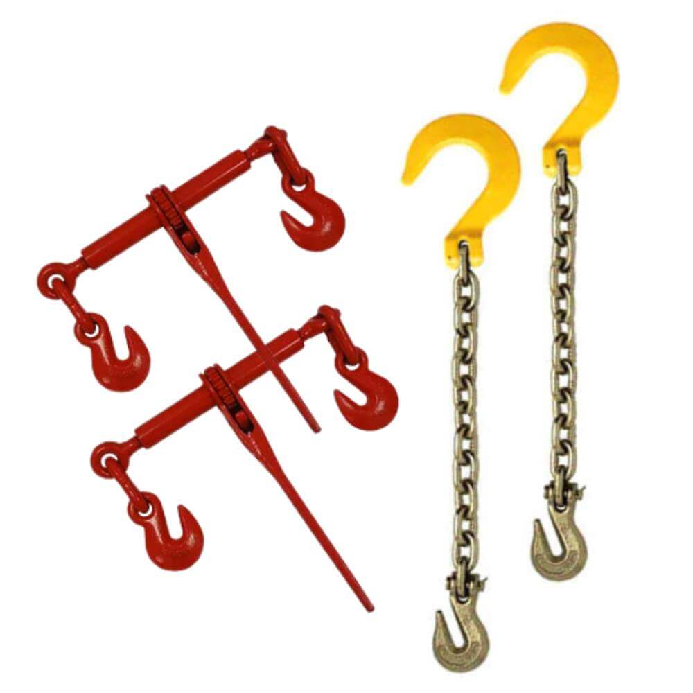 3/8" Grade 70 transport Chains w/Foundry Hook & Ratchet Load Binders Kit 