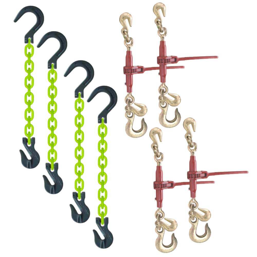 !/2" chain and Binder kit featuring USA made Hi-Vis GR100 Hi-Vis chain with Foundry Hook & Durabilt Ratchet Load Binder Kit 4-Pack.  Free US Continental shipping