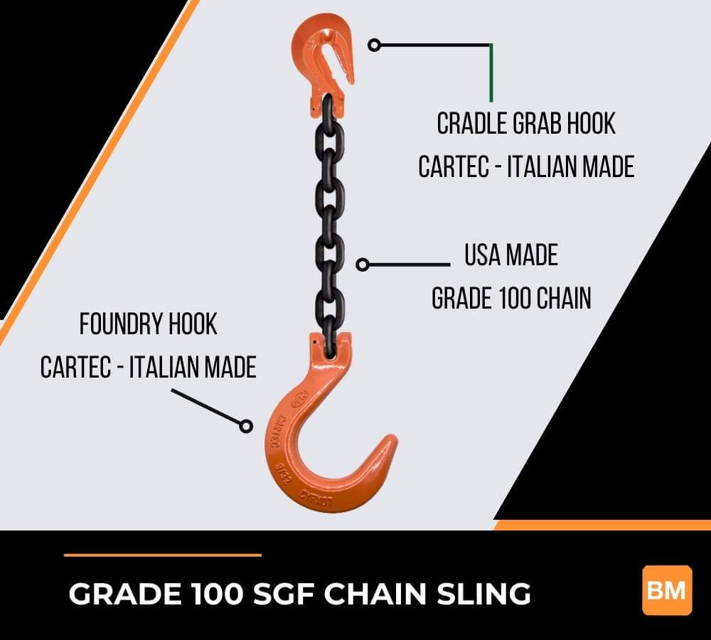 Grade 100 chain sling made in the USA with italian cartec Foundry hook and grab.