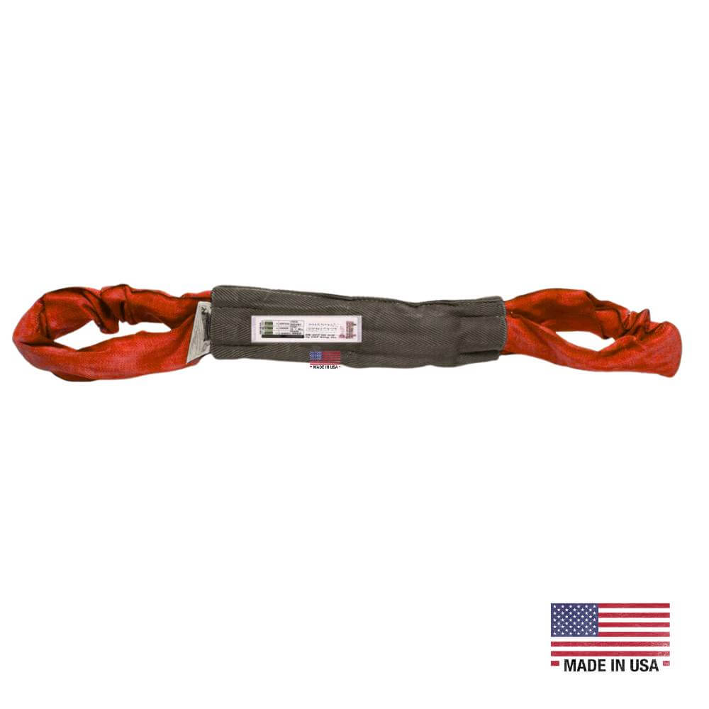 Red Polyester Eye Eye Round Slings Vertical rated capacity 13,200 lbs WLL.  Synthetic slings made in the USA