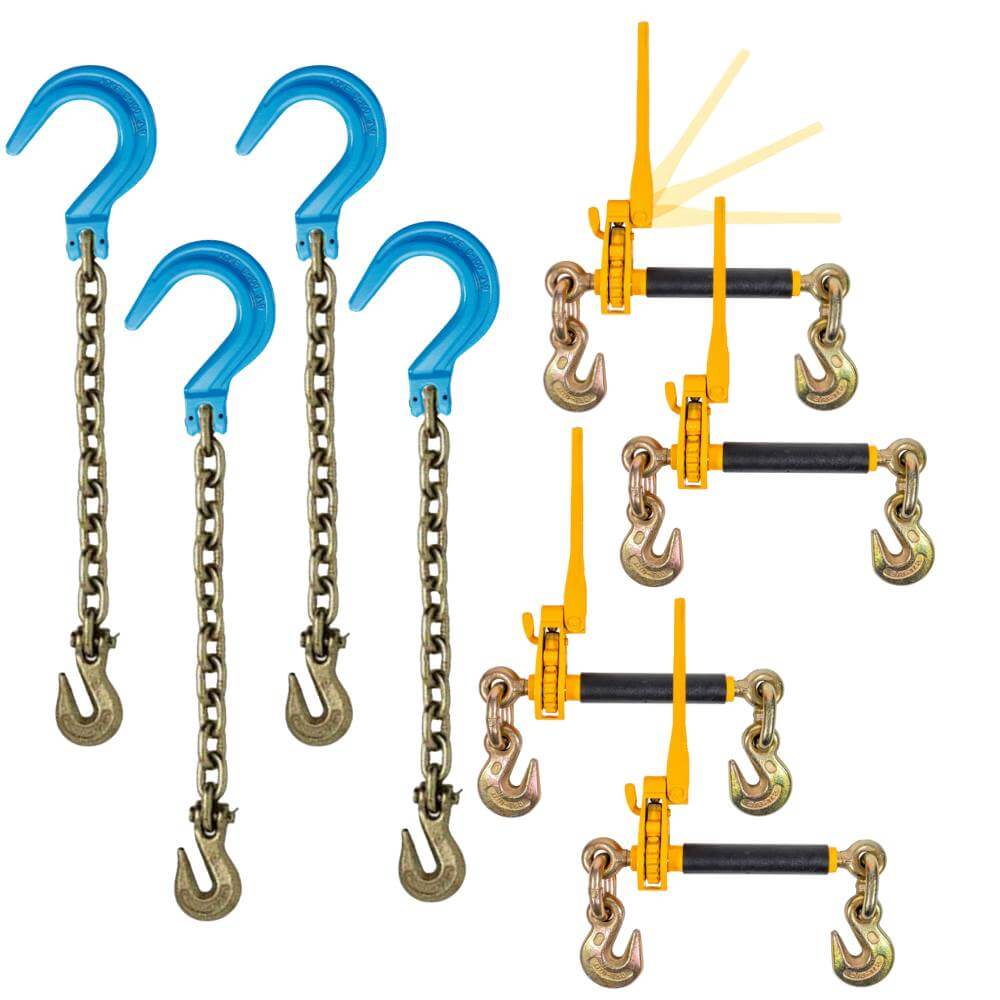 1/2" Transport Chains with Foundry Hooks and Folding Ratchet Load Binders.  4-pack kit for heavy hauling chains