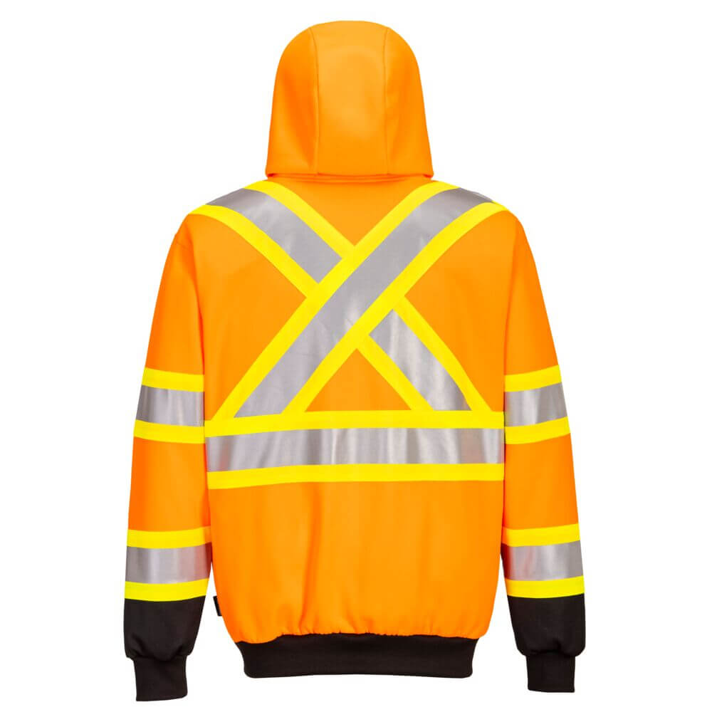 This orange high visibility hoodie comes with with a reflective X-back contrast tape for extra safety &amp; visibility