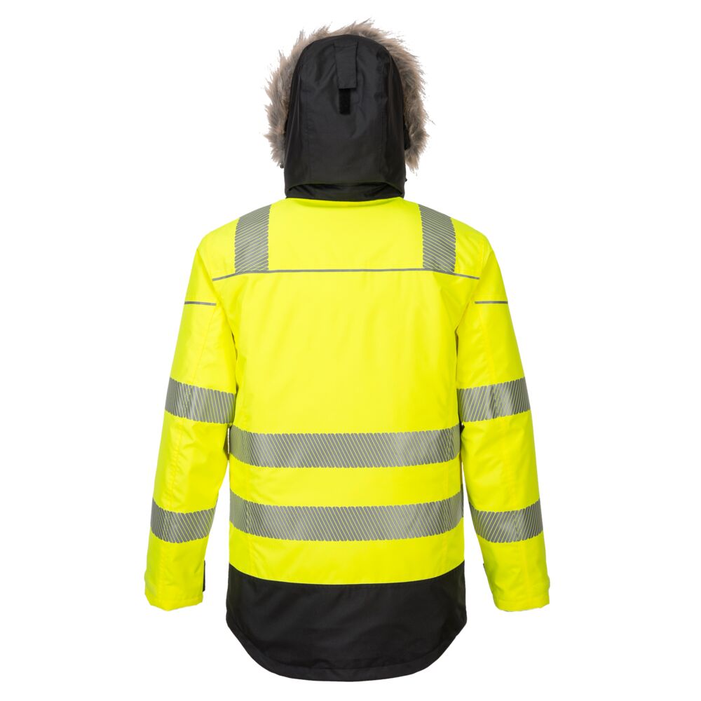 Insulated Parka Portwest PW369 Hi-Vis Winter Jacket.  Back view with hoodie up