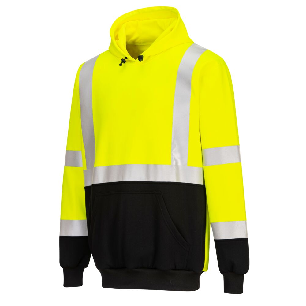 Side view of Portwest UB324 Hi-Vis Two Tone Hoodie.  yellow black hoodie